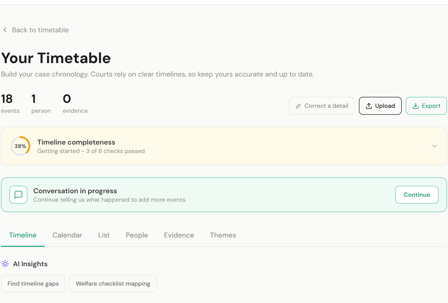 Populated timetable dashboard showing 18 captured events, timeline completeness 38%, six view tabs, and AI Insights panel