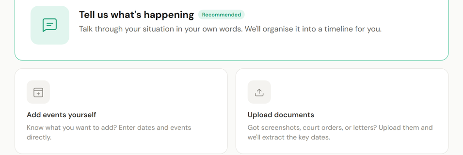 Three ways to feed your timetable: tell us in your own words (recommended), add events directly, or upload documents.